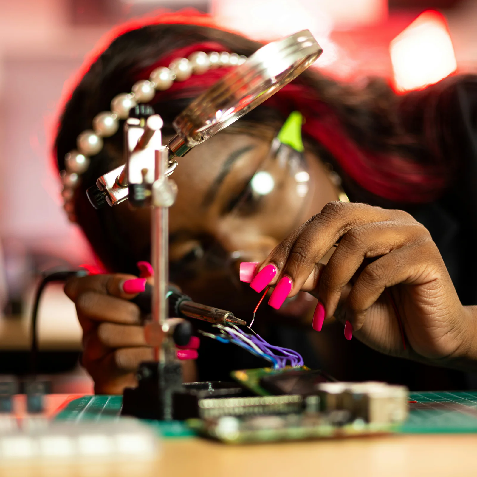 An engineer soldering a circuit board beneath a magnifying glass.