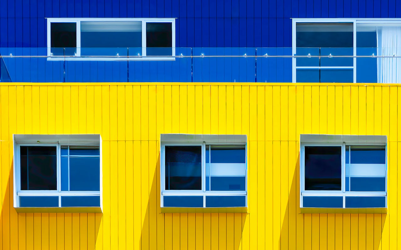 A blue and yellow building facade